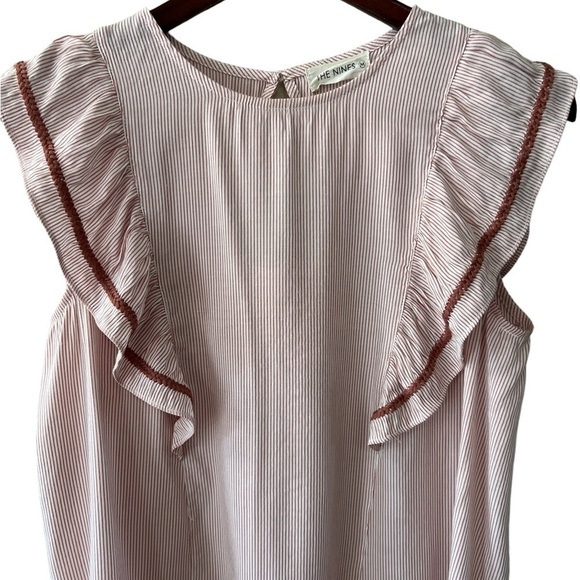 The Nines Pink & White Pin Stipe & Ruffle blouse size M Women NWOT - Picture 3 of 9